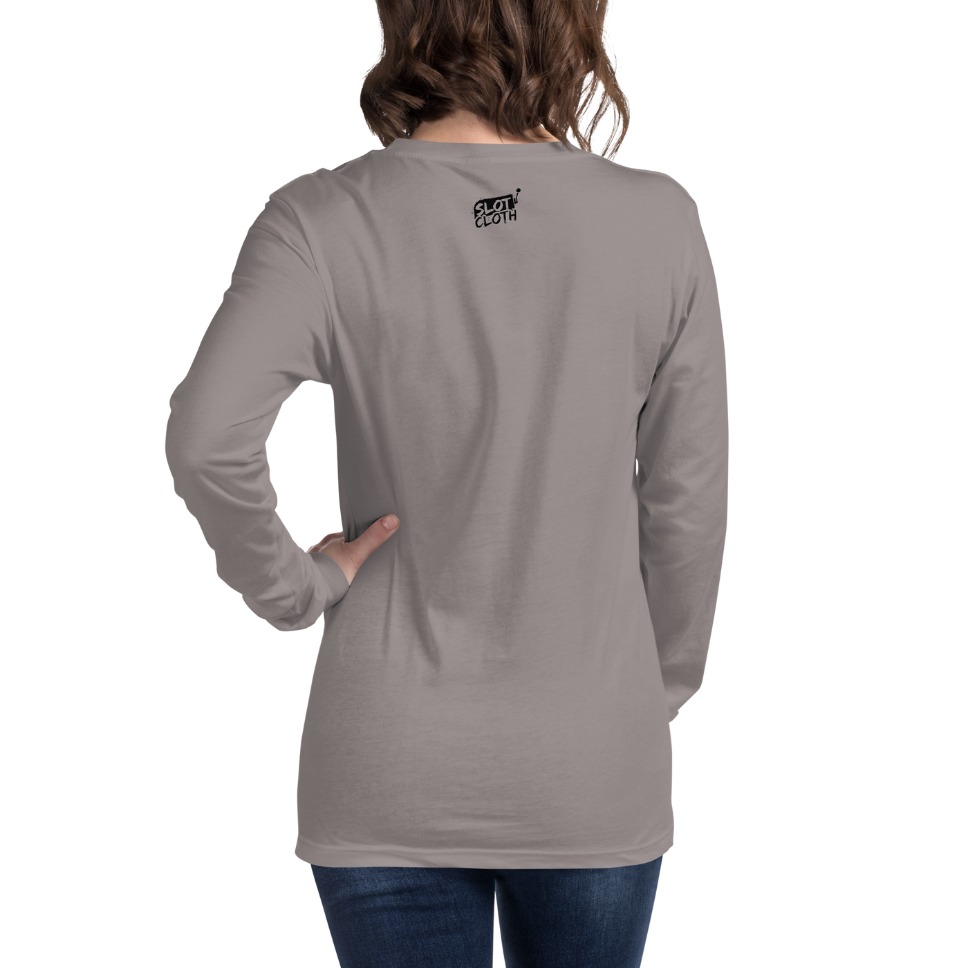 Gray long sleeve t-shirt with small Slot Cloth logo on back, worn by woman with hand on hip