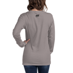 Gray long sleeve t-shirt with small Slot Cloth logo on back, worn by woman with hand on hip
