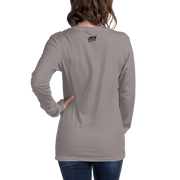 Gray long sleeve t-shirt with small Slot Cloth logo on back, worn by woman with hand on hip