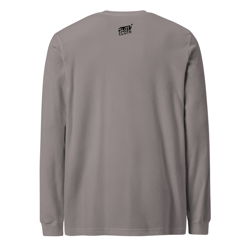Gray long sleeve t-shirt with Slot Cloth logo on back, slot-themed apparel for players