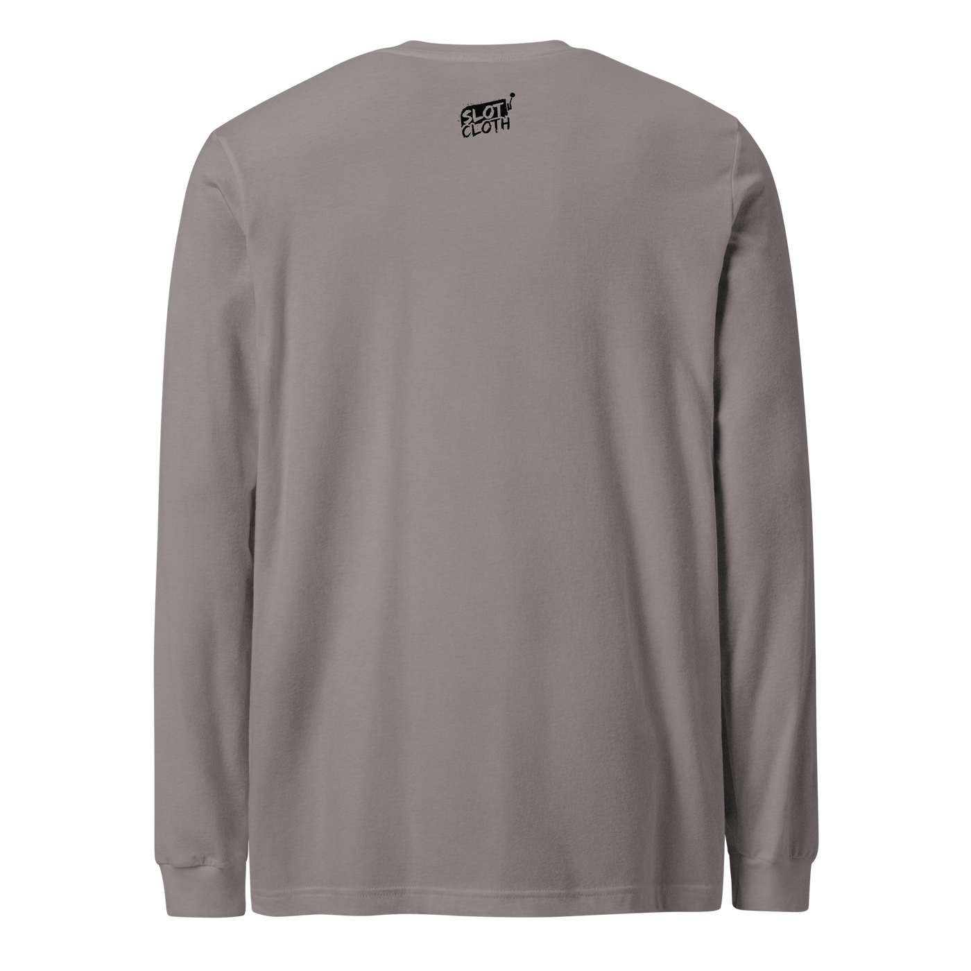 Gray long sleeve t-shirt with small Slot Cloth logo on back neck, minimalist design for casual wear