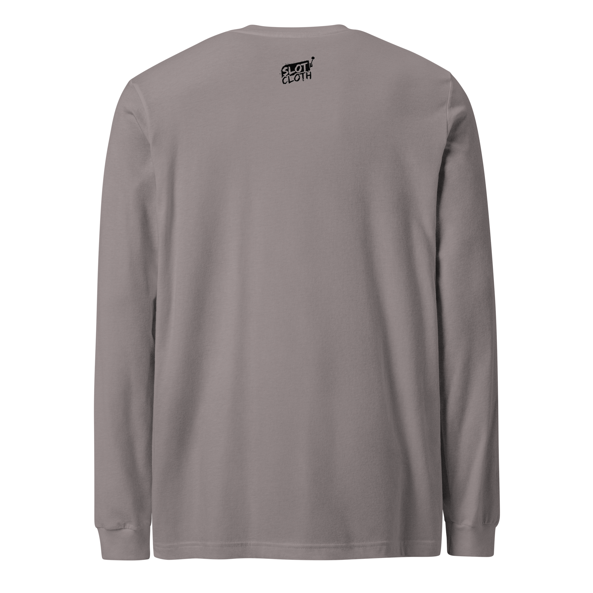 Gray long sleeve t-shirt with small Slot Cloth logo on back neck, minimalist design for casual wear