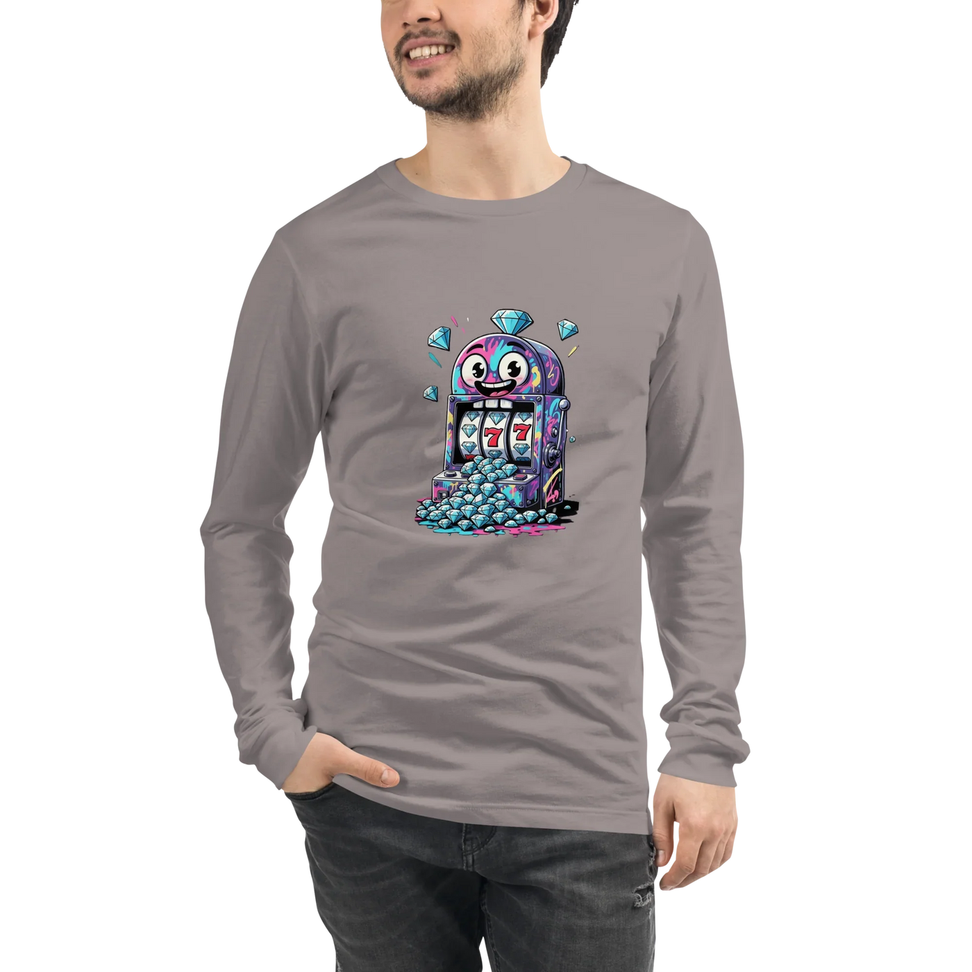 Gray long-sleeve shirt with colorful slot machine graphic featuring lucky 7s and diamonds, perfect for casino lovers.