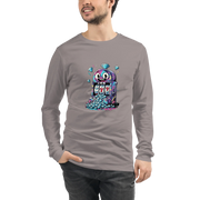 Gray long-sleeve shirt with colorful slot machine graphic featuring lucky 7s and diamonds, perfect for casino lovers.