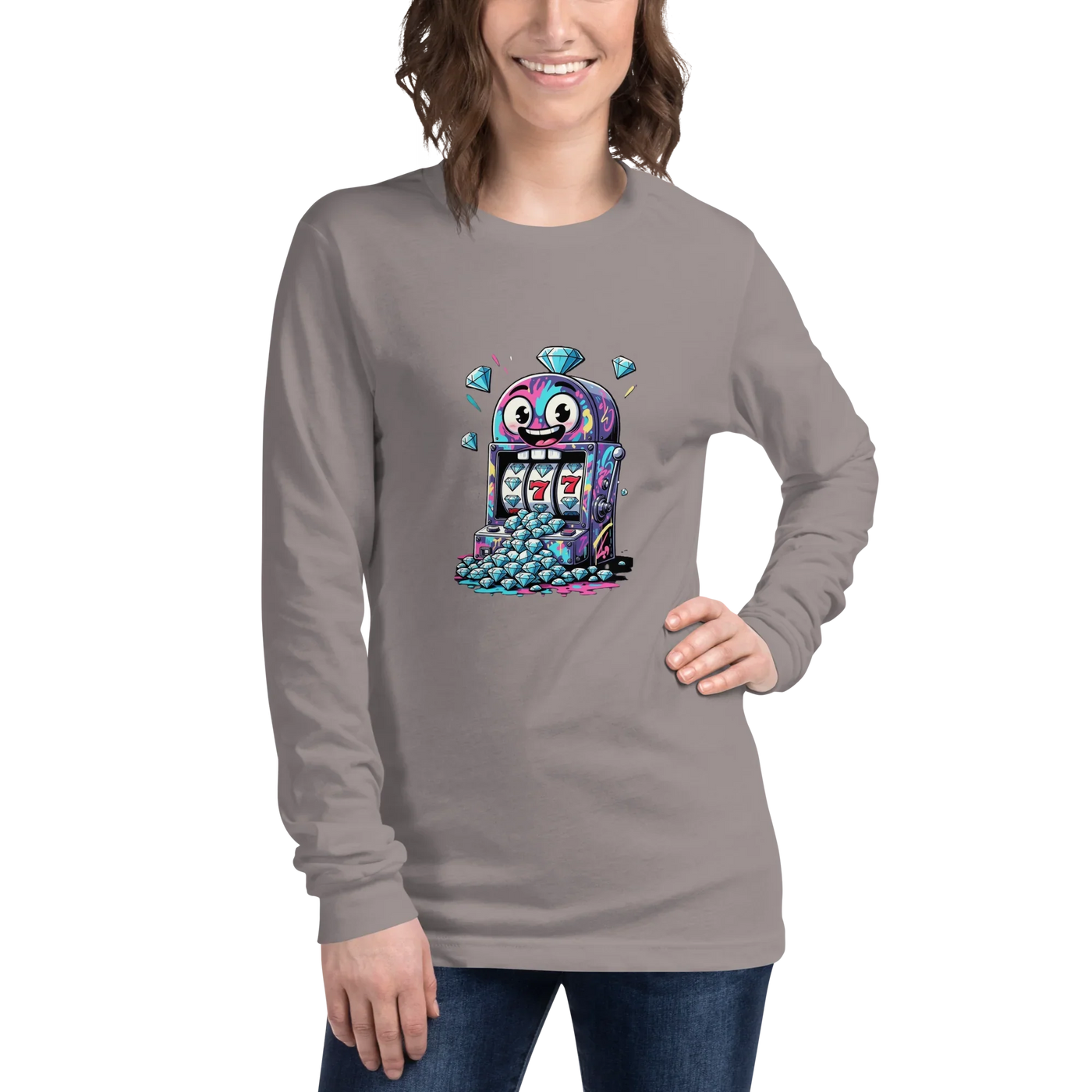 Woman wearing gray long sleeve tee with colorful slot machine graphic, featuring lucky 7s and diamonds, perfect for casino lovers.