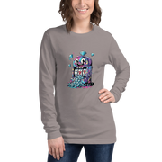 Woman wearing gray long sleeve tee with colorful slot machine graphic, featuring lucky 7s and diamonds, perfect for casino lovers.