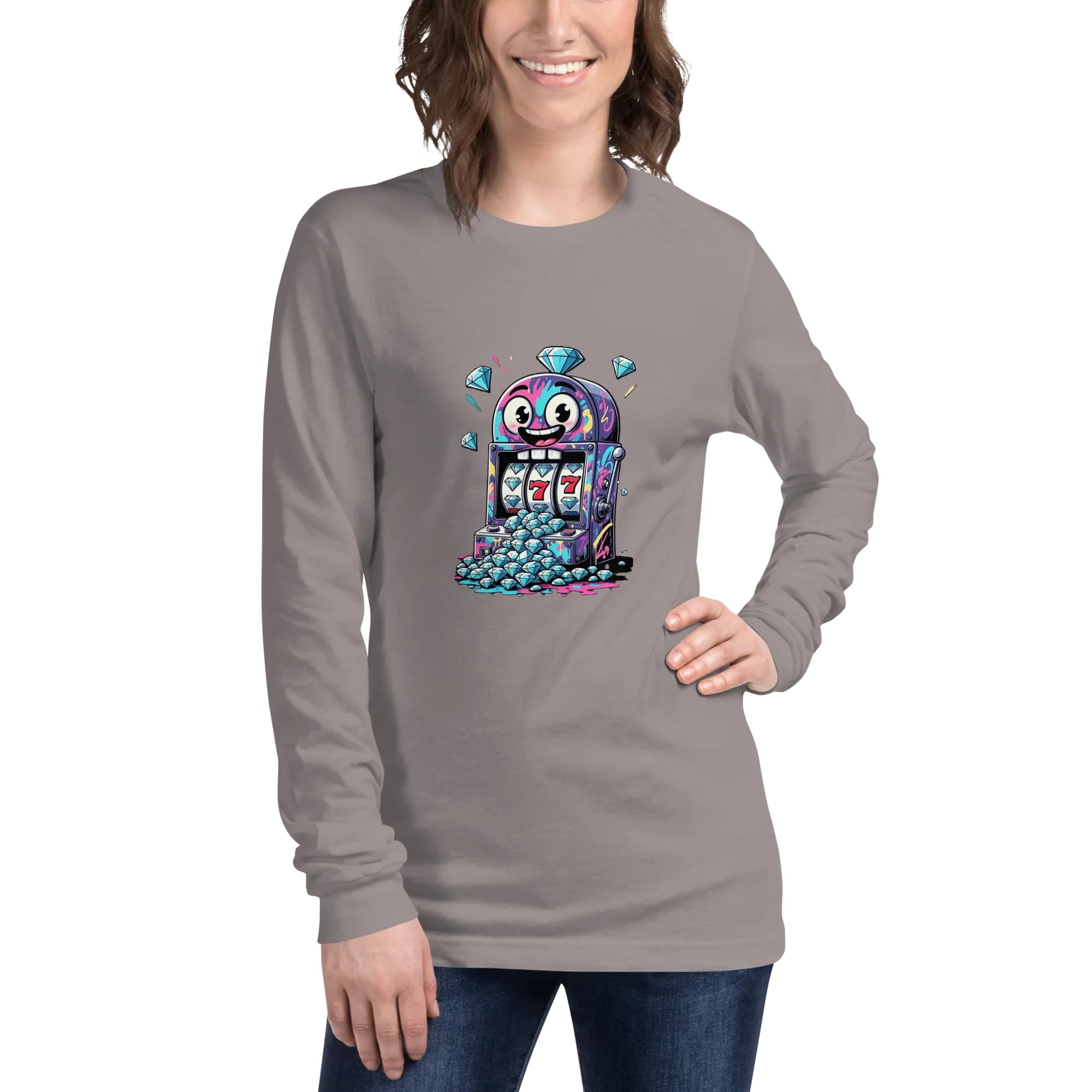 Woman wearing gray long sleeve tee with colorful slot machine graphic, featuring lucky 7s and diamonds, perfect for casino lovers.