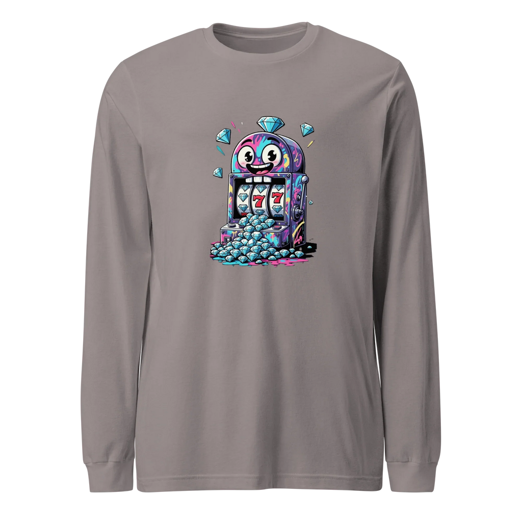 Gray long sleeve shirt with colorful slot machine graphic, lucky 7s, and diamonds for casino fans