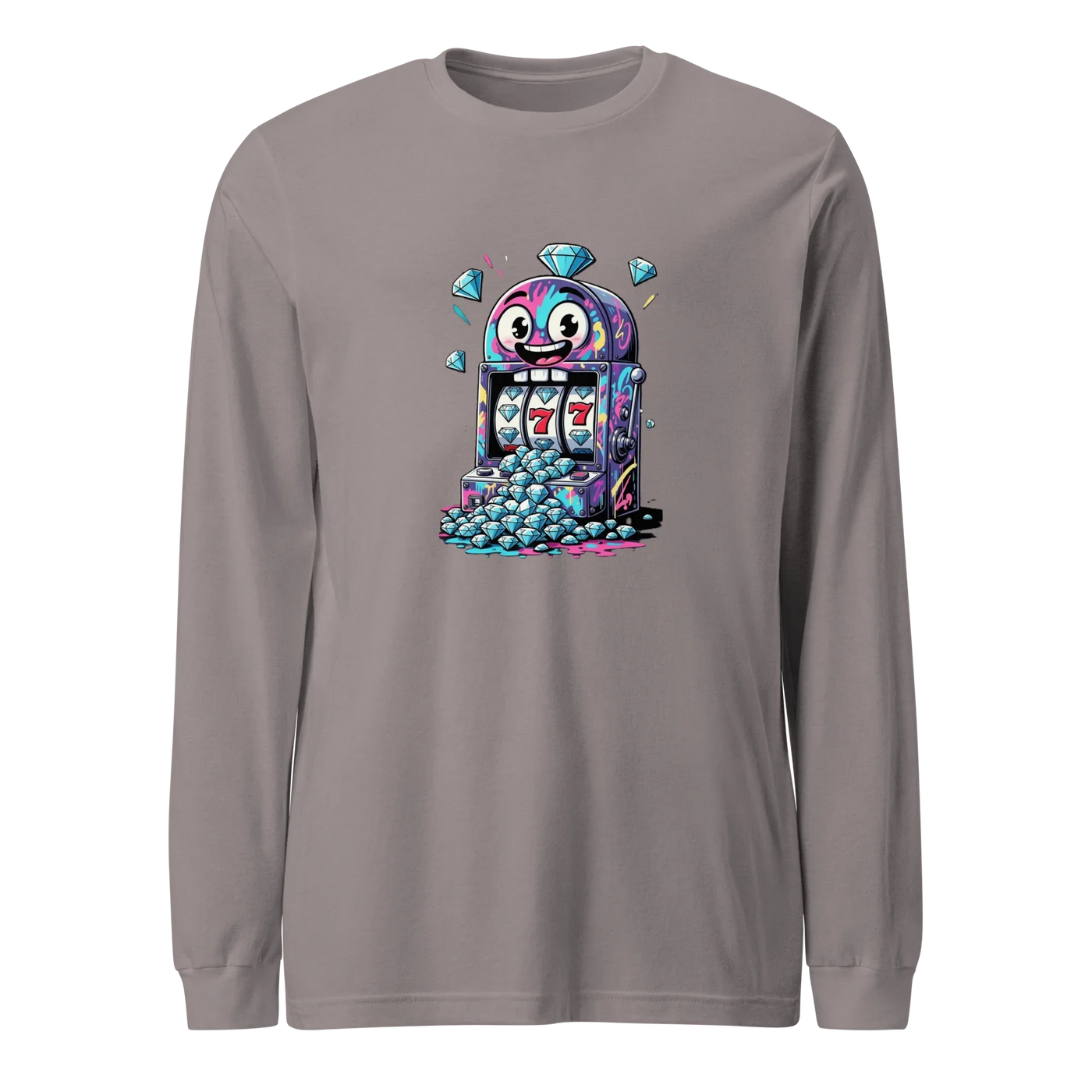Gray long sleeve shirt with colorful slot machine graphic, lucky 7s, and diamonds for casino fans