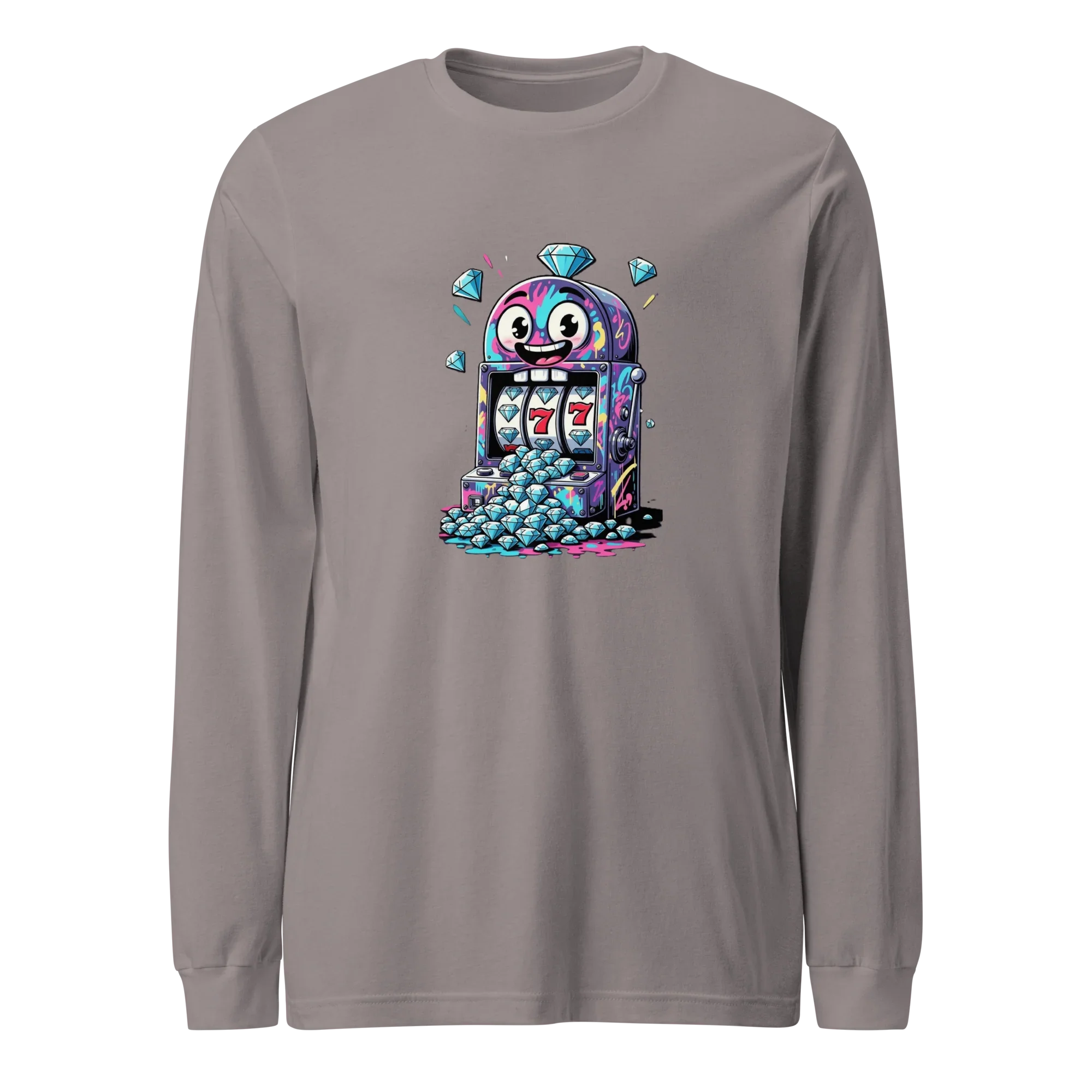 Gray long sleeve shirt with colorful slot machine graphic, lucky 7s, and diamonds for casino fans