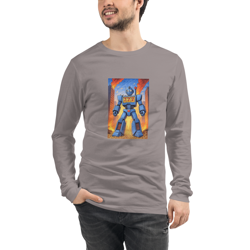 Gray long sleeve shirt with blue robot graphic featuring 777 slot machine design, fiery city background