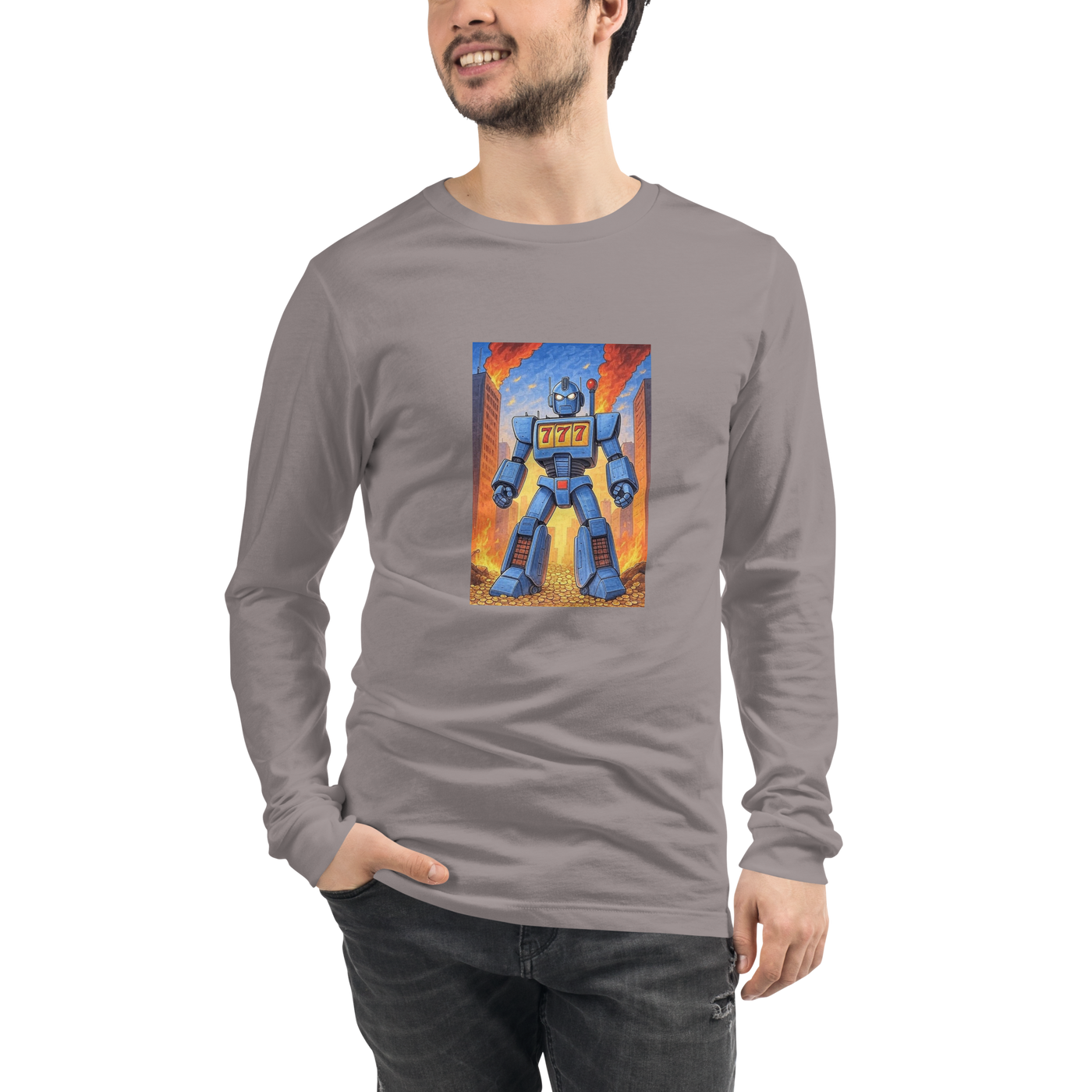 Gray long sleeve shirt with blue robot graphic featuring 777 slot machine design, fiery city background