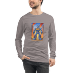 Gray long sleeve shirt with blue robot graphic featuring 777 slot machine design, fiery city background