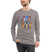 Gray long sleeve shirt with blue robot graphic featuring 777 slot machine design, fiery city background