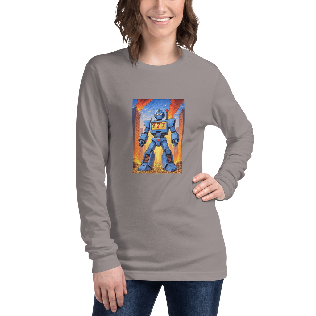 Woman wearing gray long sleeve shirt with blue robot and 777 slot machine graphic design