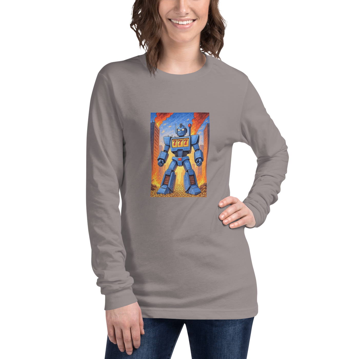 Woman wearing gray long sleeve shirt with blue robot and 777 slot machine graphic design