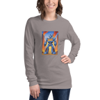 Woman wearing gray long sleeve shirt with blue robot and 777 slot machine graphic design