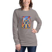 Woman wearing gray long sleeve shirt with blue robot and 777 slot machine graphic design