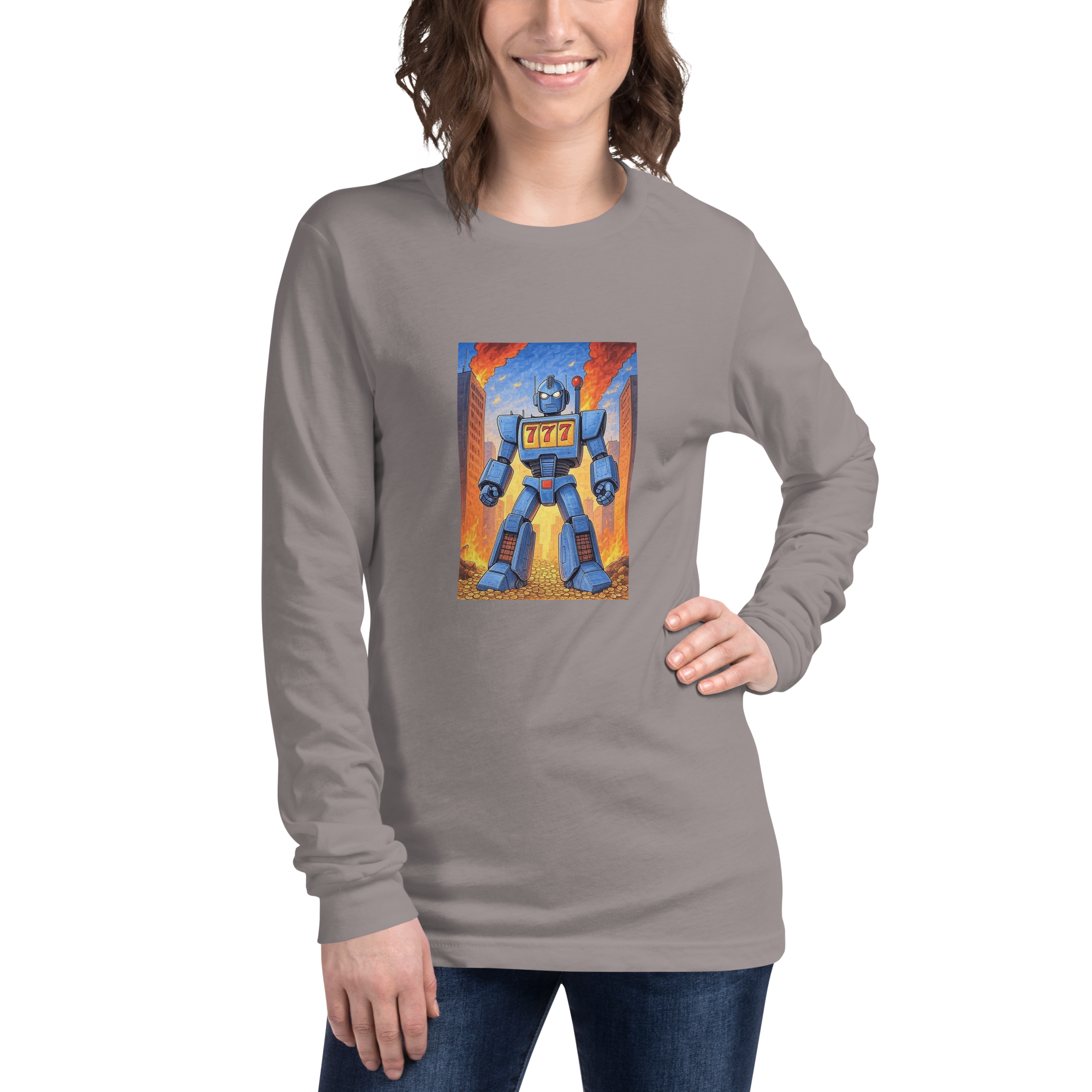 Woman wearing gray long sleeve shirt with blue robot and 777 slot machine graphic design