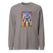 Gray long-sleeve shirt with blue robot and 777 slot design, fiery city backdrop