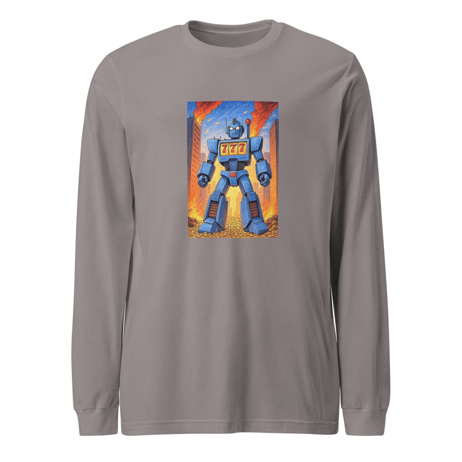 Gray long-sleeve shirt with blue robot and 777 slot design, fiery city backdrop