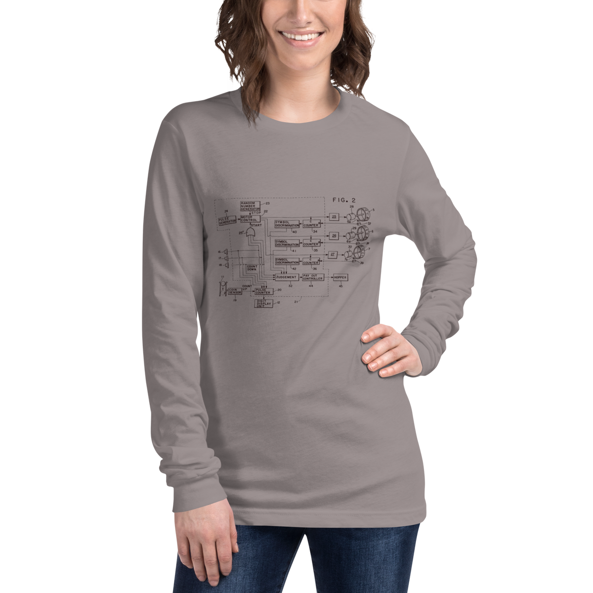 Woman wearing gray long-sleeve shirt with vintage slot machine schematic diagram, FIG. 2 design