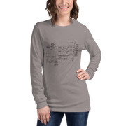 Woman wearing gray long-sleeve shirt with vintage slot machine schematic diagram, FIG. 2 design