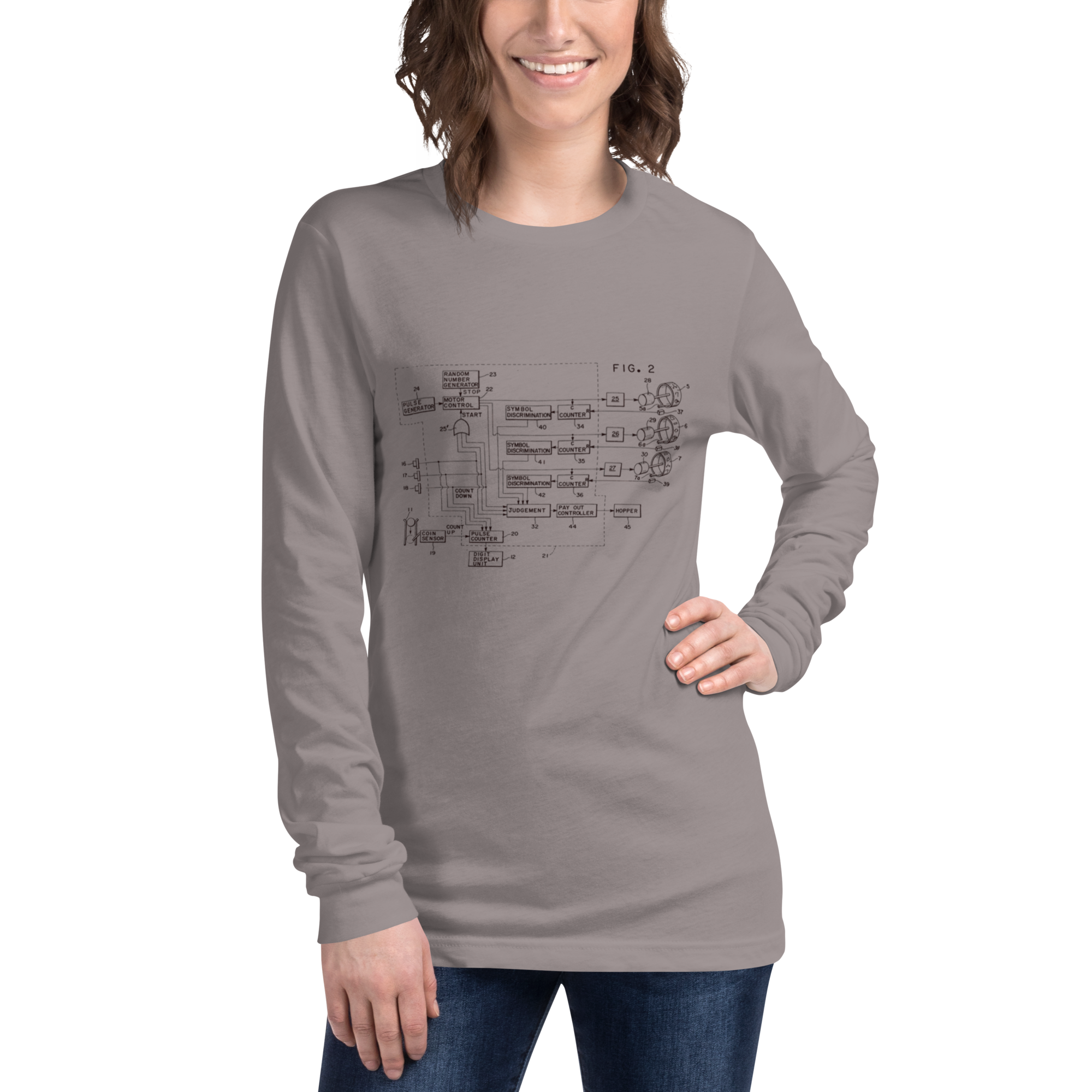 Woman wearing gray long-sleeve shirt with vintage slot machine schematic diagram, FIG. 2 design