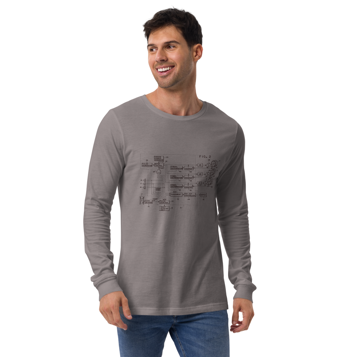 Man wearing gray long-sleeve shirt with slot machine schematic design, ideal for players and pros.