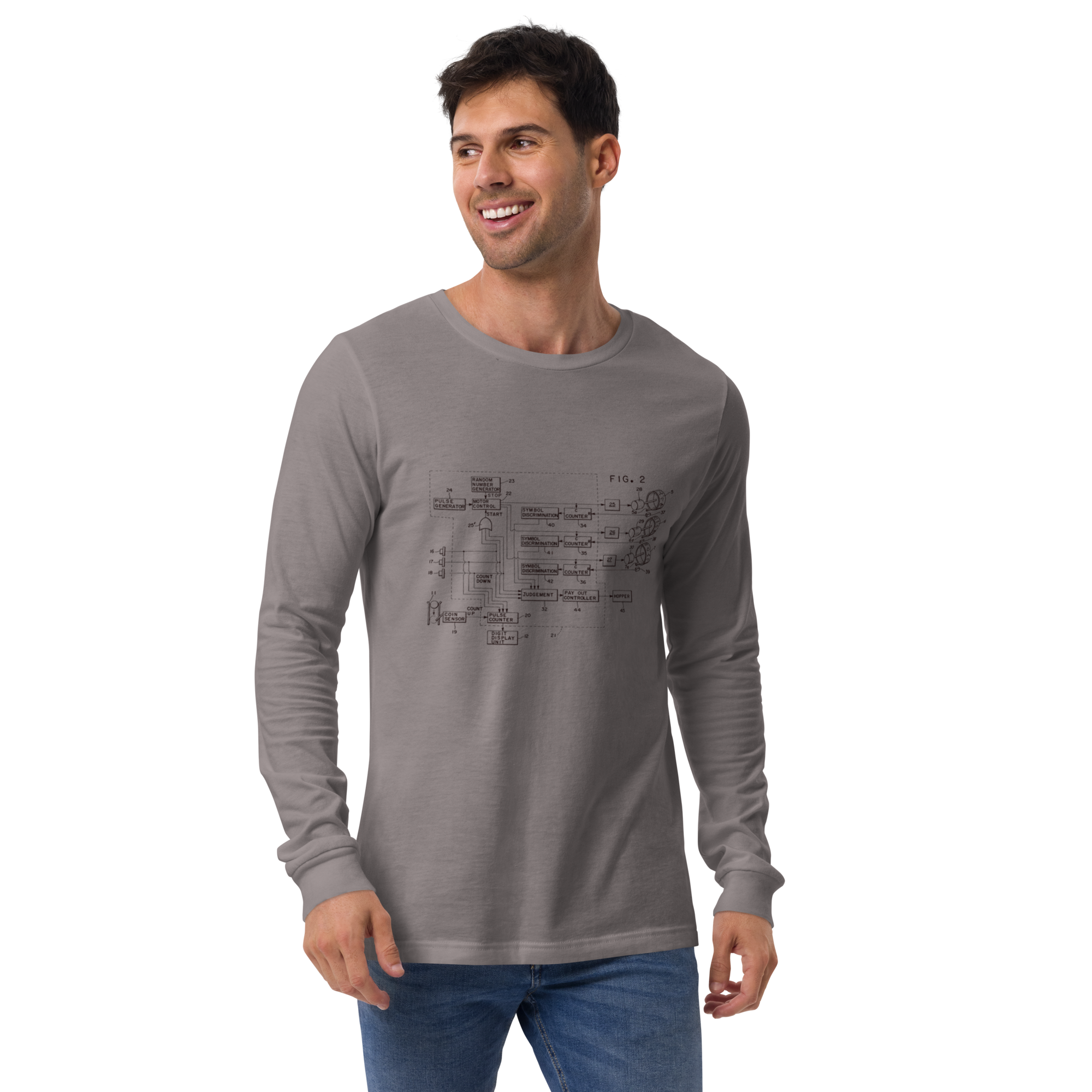Man wearing gray long-sleeve shirt with slot machine schematic design, ideal for players and pros.