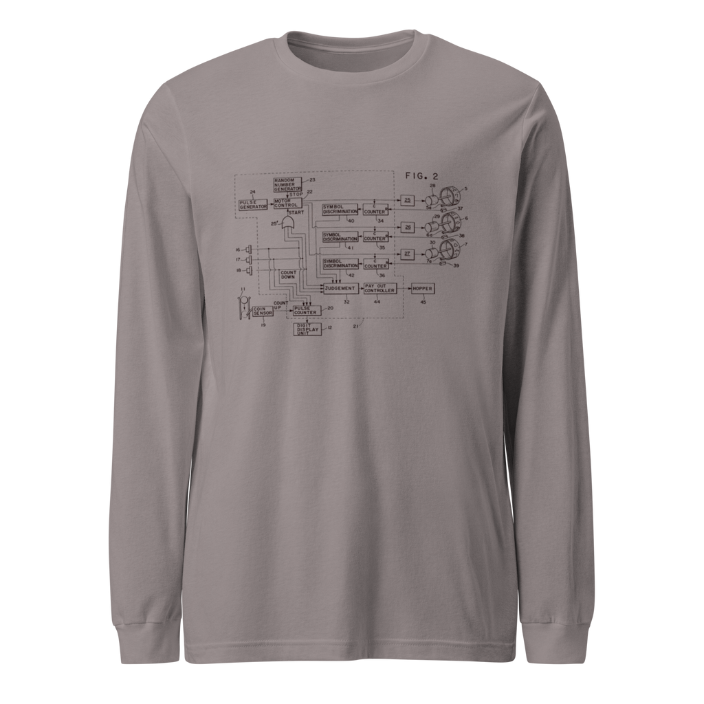 Gray long-sleeve shirt with slot machine schematic design, perfect for players and professionals