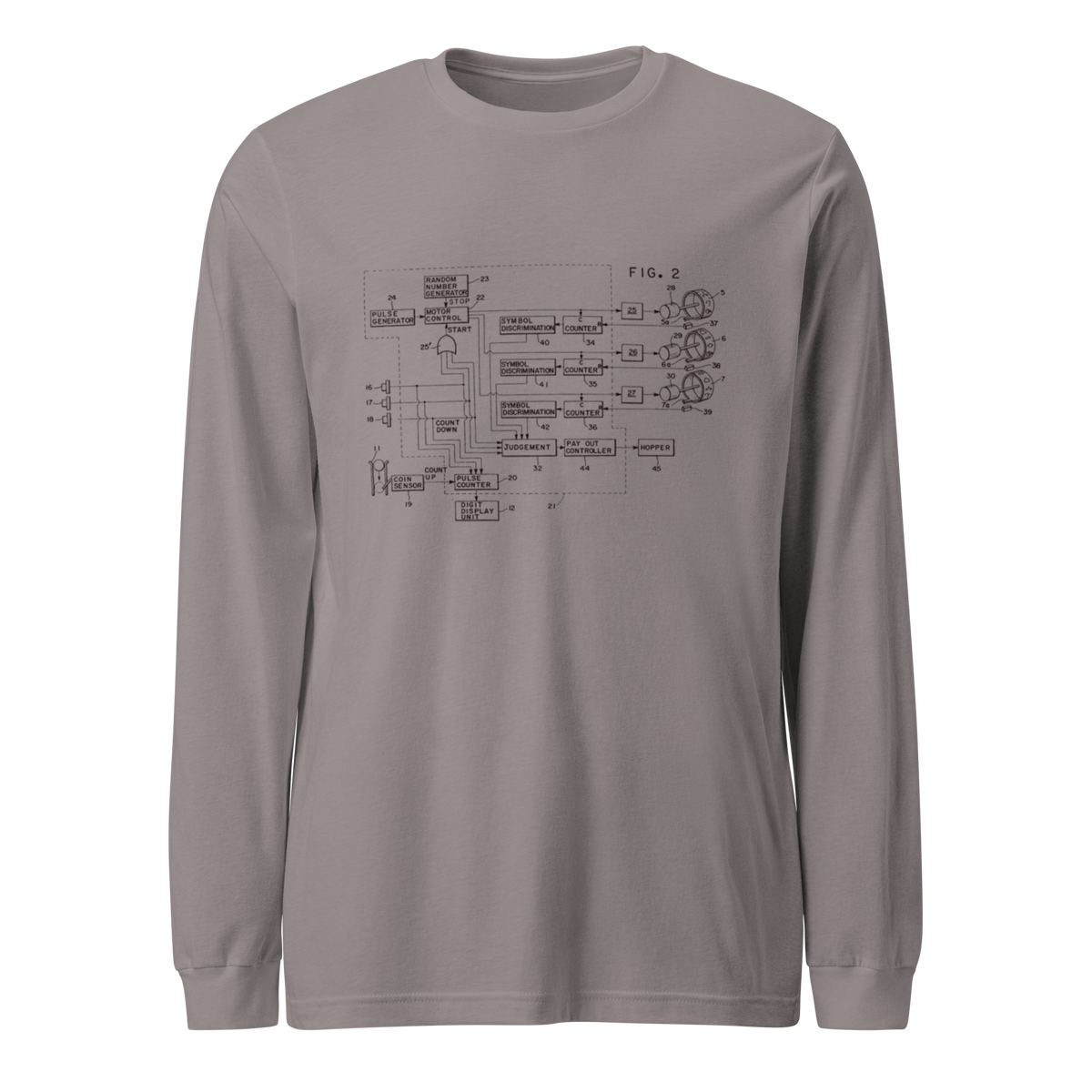 Gray long-sleeve shirt with slot machine schematic design, perfect for players and professionals