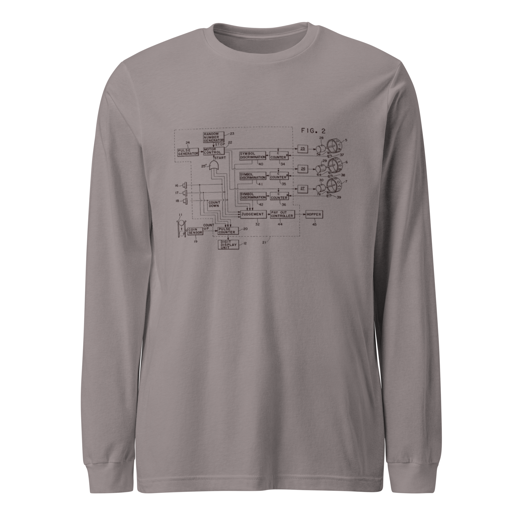 Gray long-sleeve shirt with slot machine schematic design, perfect for players and professionals