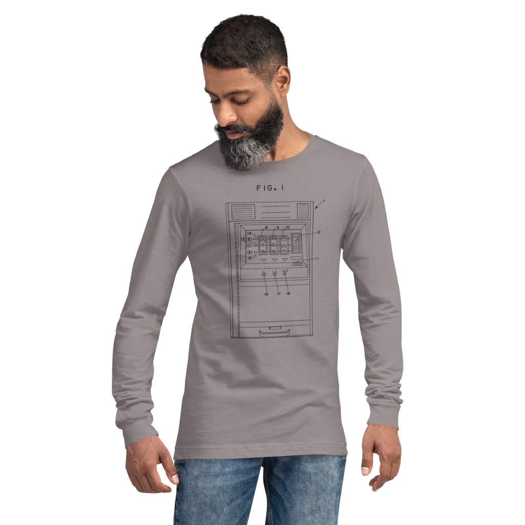 Man wearing gray long-sleeve shirt with slot machine diagram design, ideal for casino enthusiasts.