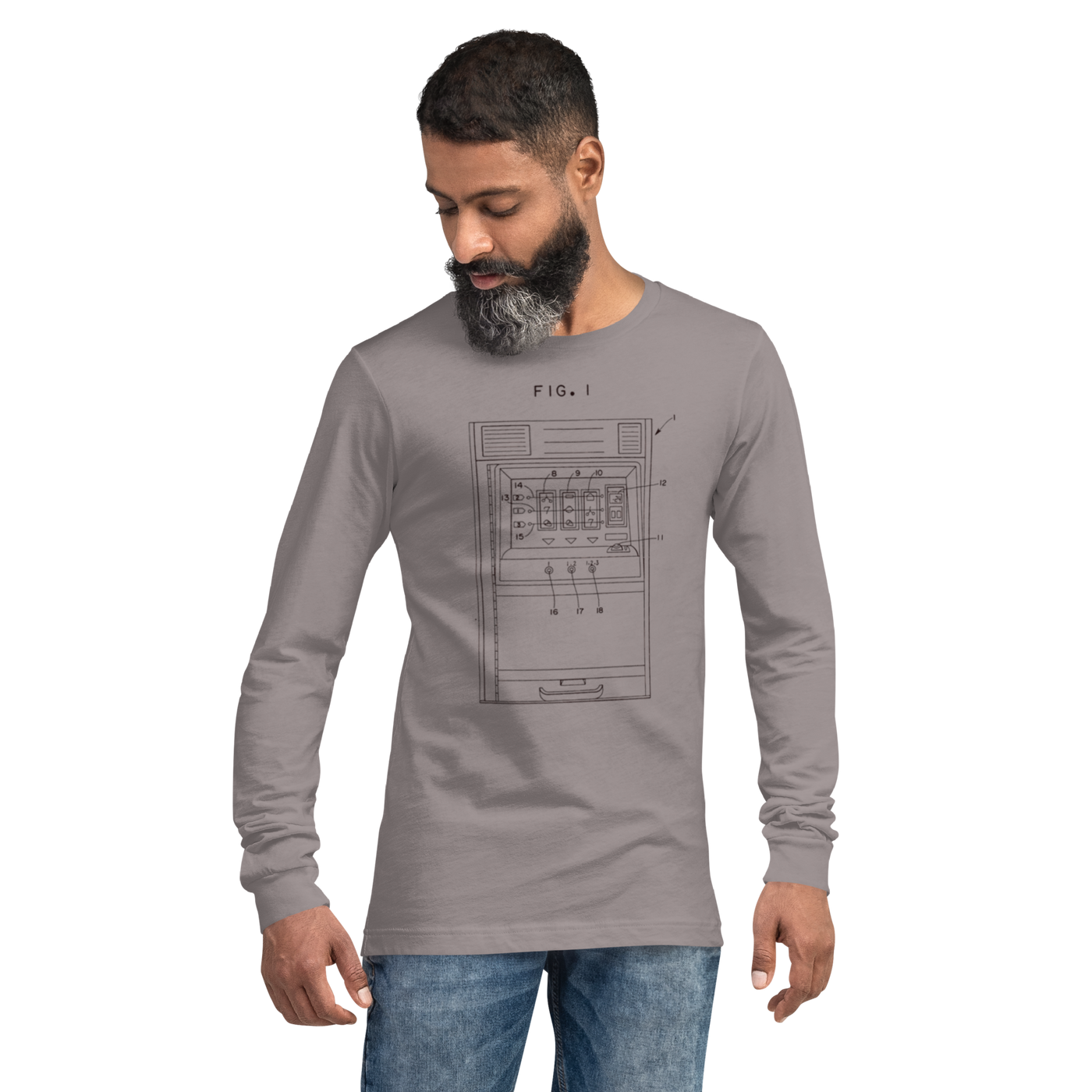 Man wearing gray long-sleeve shirt with slot machine diagram design, ideal for casino enthusiasts.