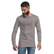 Man wearing gray long-sleeve shirt with slot machine diagram design, ideal for casino enthusiasts.