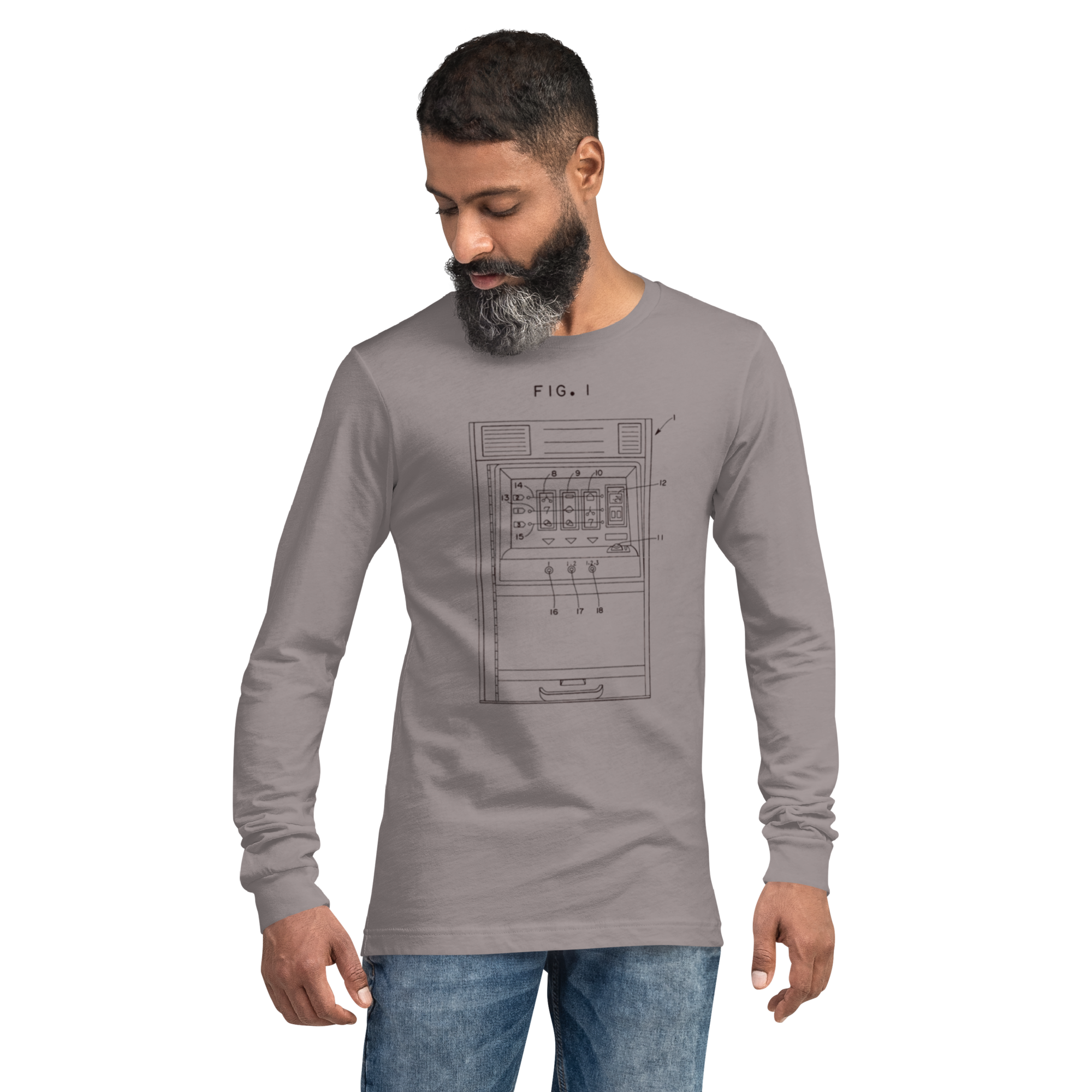 Man wearing gray long-sleeve shirt with slot machine diagram design, ideal for casino enthusiasts.
