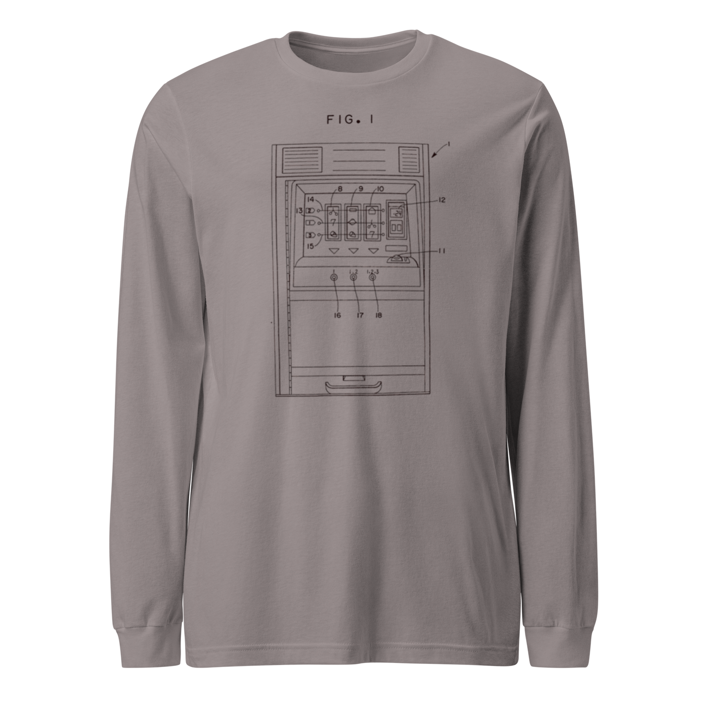 Gray long sleeve shirt with slot machine patent diagram, FIG. 1, for casino lovers and gaming fans