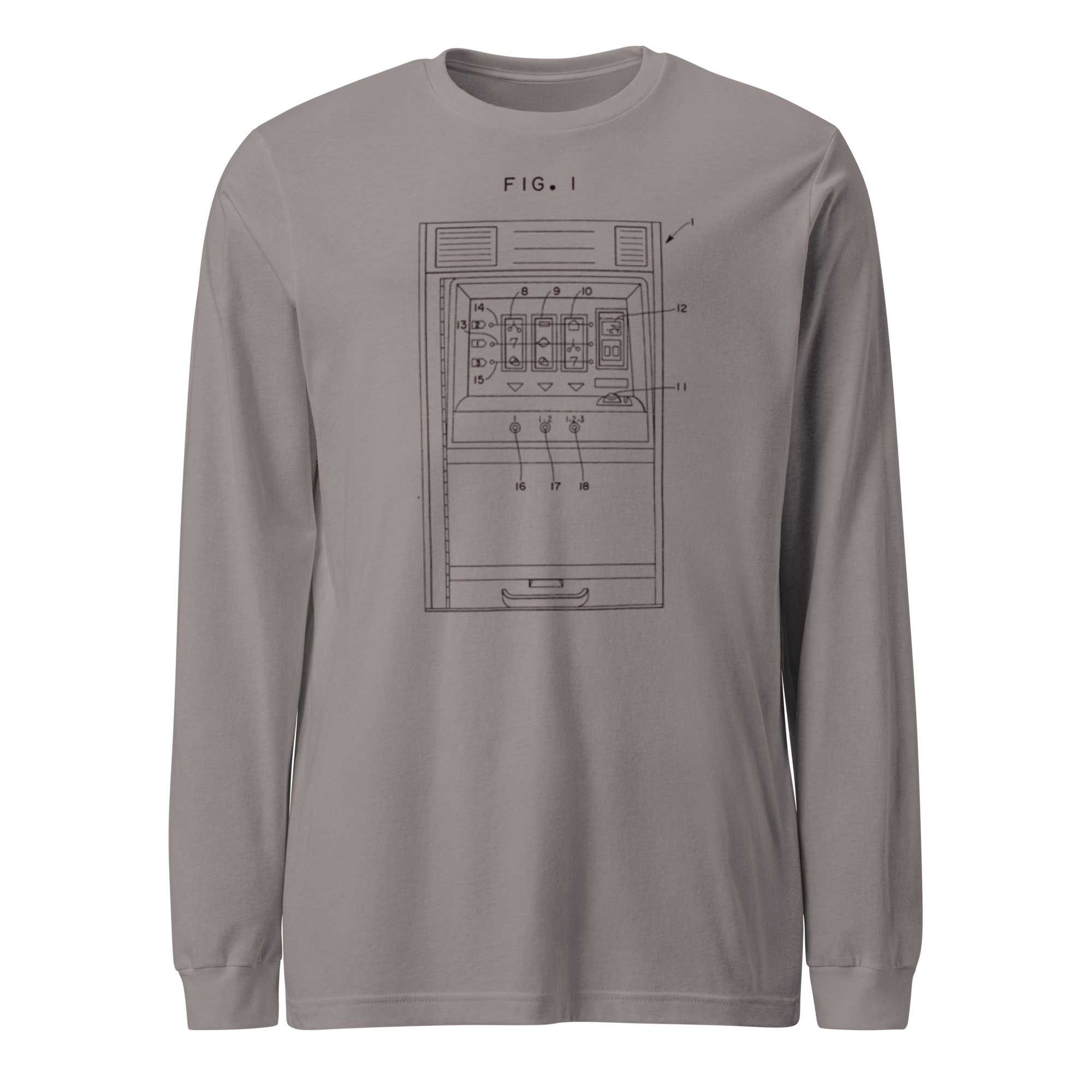 Gray long sleeve shirt with slot machine patent diagram, FIG. 1, for casino lovers and gaming fans