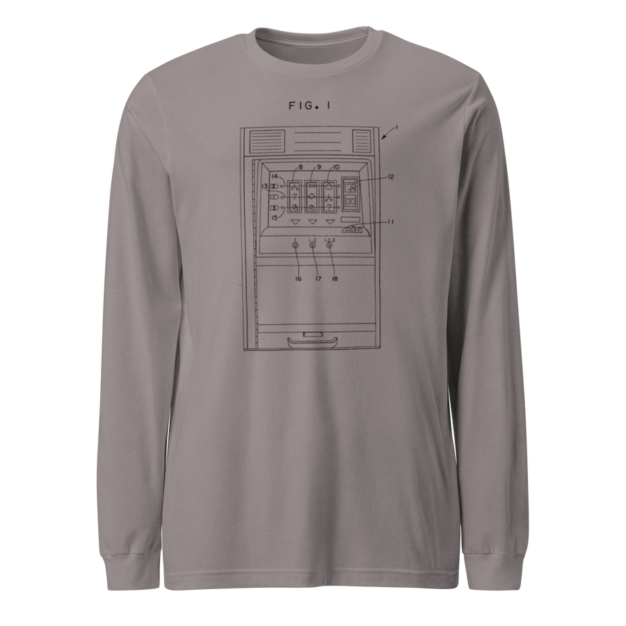 Gray long sleeve shirt with slot machine patent diagram, FIG. 1, for casino lovers and gaming fans