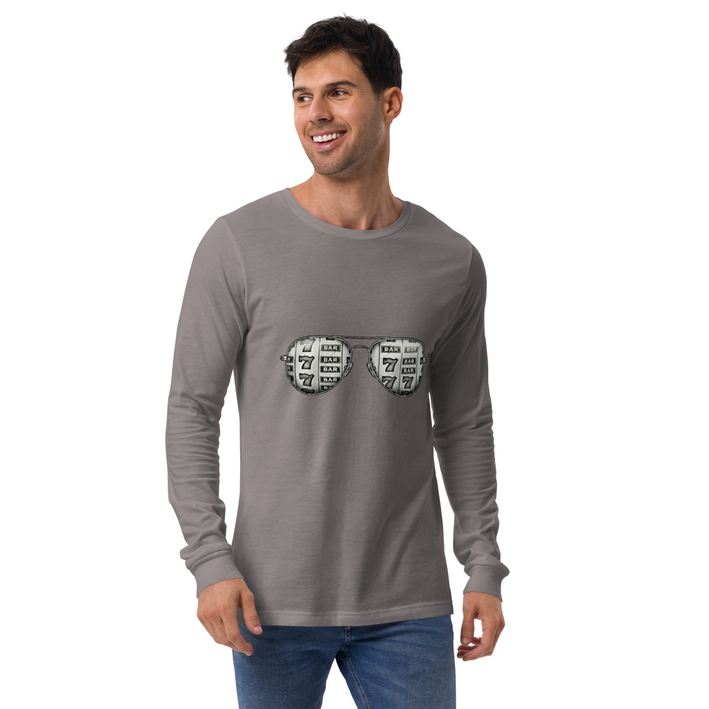 Man wearing gray long-sleeve shirt with slot machine sunglasses graphic, featuring 7s and BAR symbols.