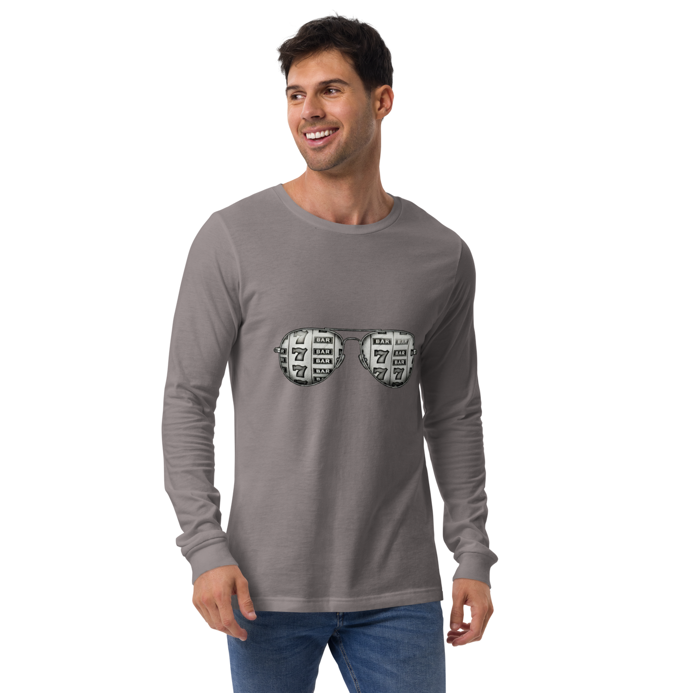 Man wearing gray long-sleeve shirt with slot machine sunglasses graphic, featuring 7s and BAR symbols.
