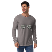 Man wearing gray long-sleeve shirt with slot machine sunglasses graphic, featuring 7s and BAR symbols.