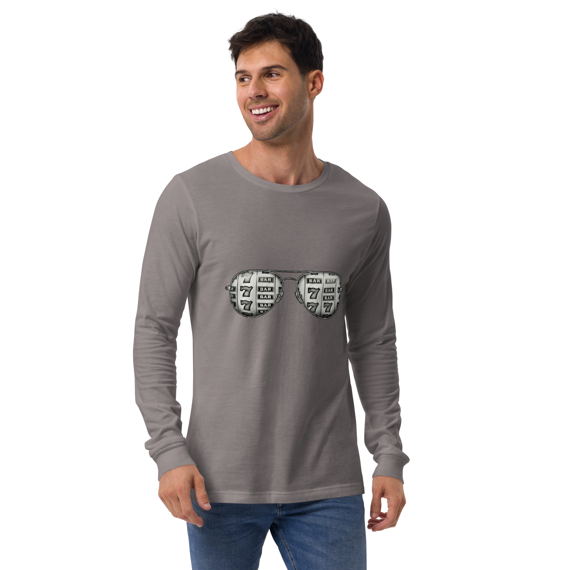 Man wearing gray long-sleeve shirt with slot machine sunglasses graphic, featuring 7s and BAR symbols.