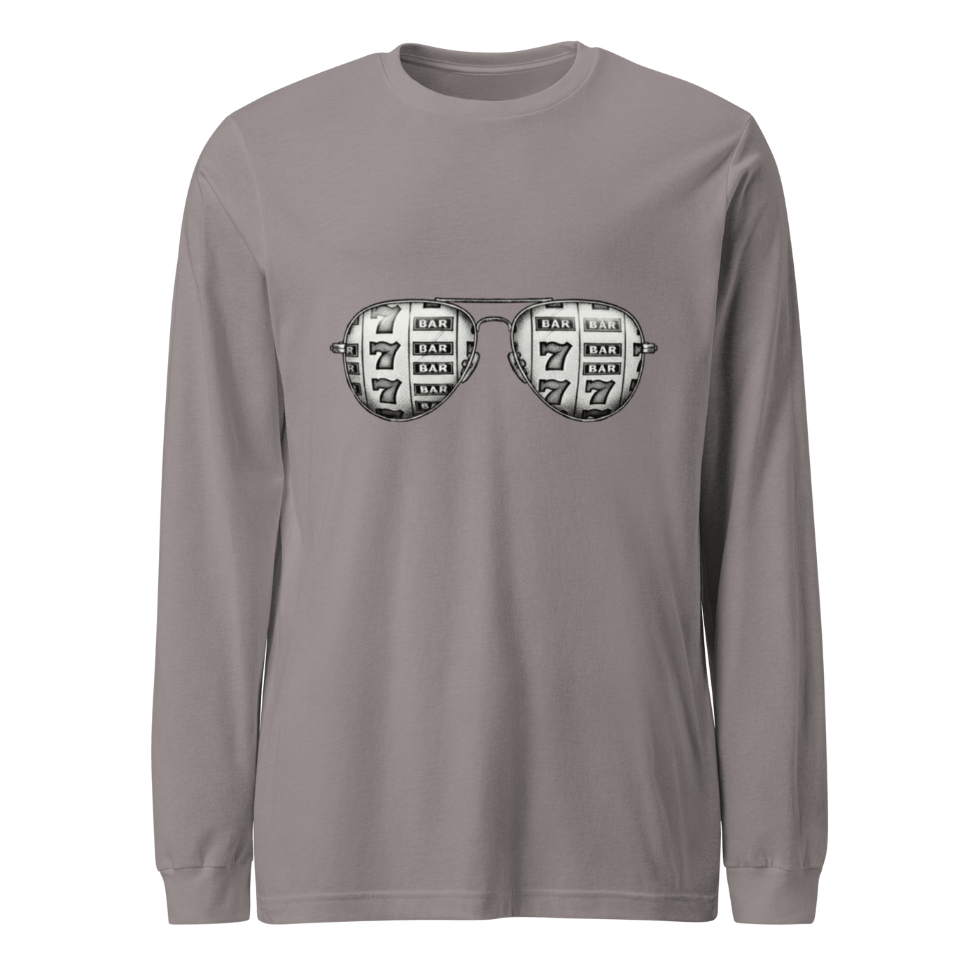 Gray long-sleeve shirt with slot machine-themed aviator glasses design featuring 7s and BAR symbols