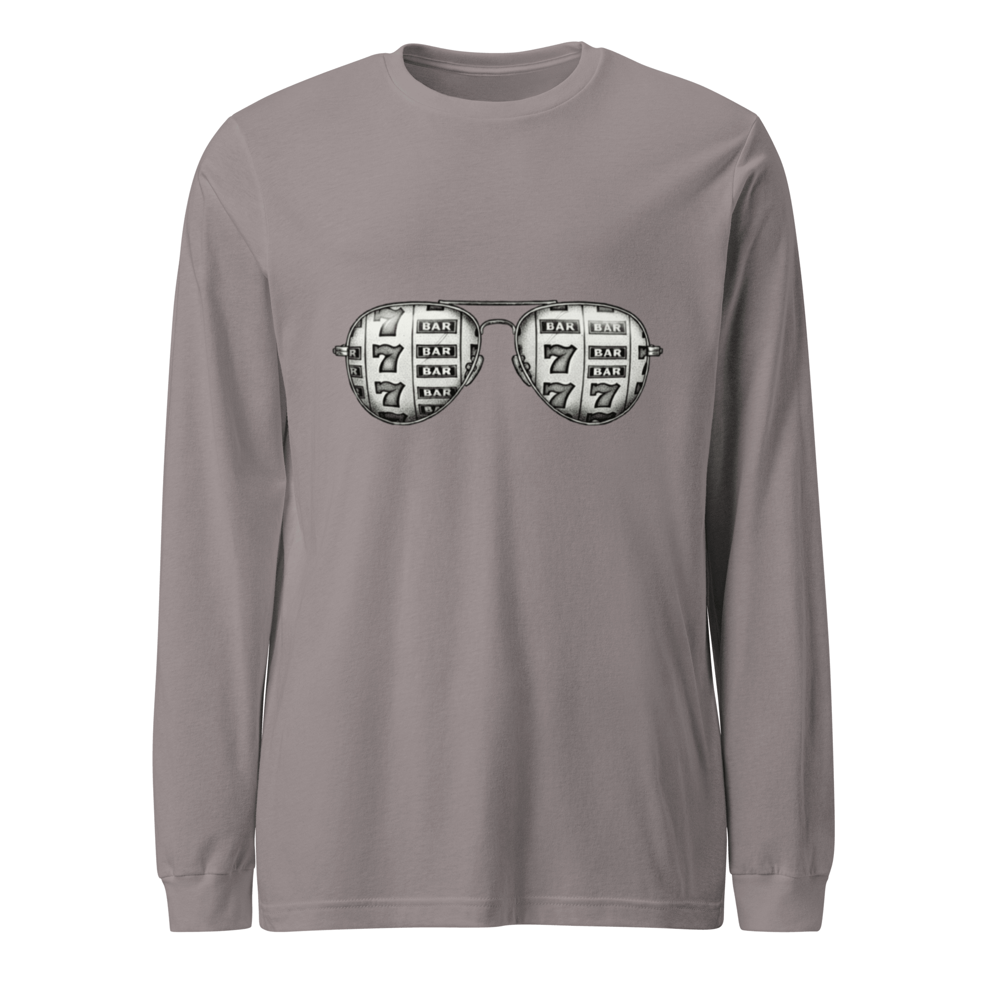 Gray long-sleeve shirt with slot machine-themed aviator glasses design featuring 7s and BAR symbols