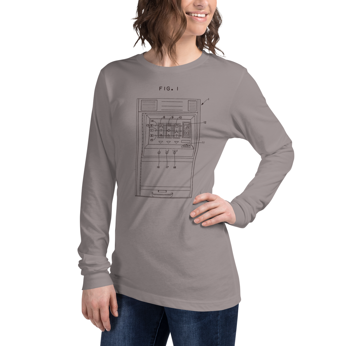 Gray long-sleeve shirt with slot machine diagram design for players and professionals