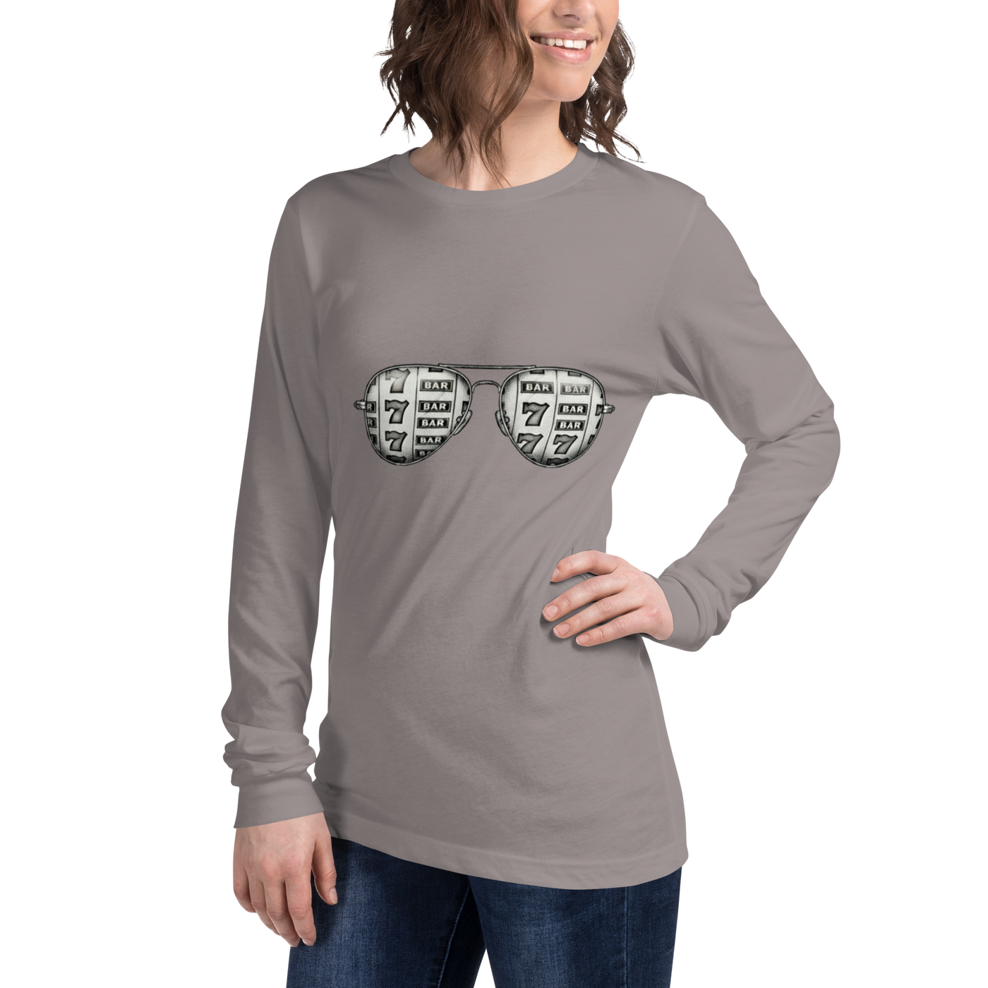 Gray long-sleeve shirt with slot machine-themed sunglasses design, featuring 7s and BAR symbols.