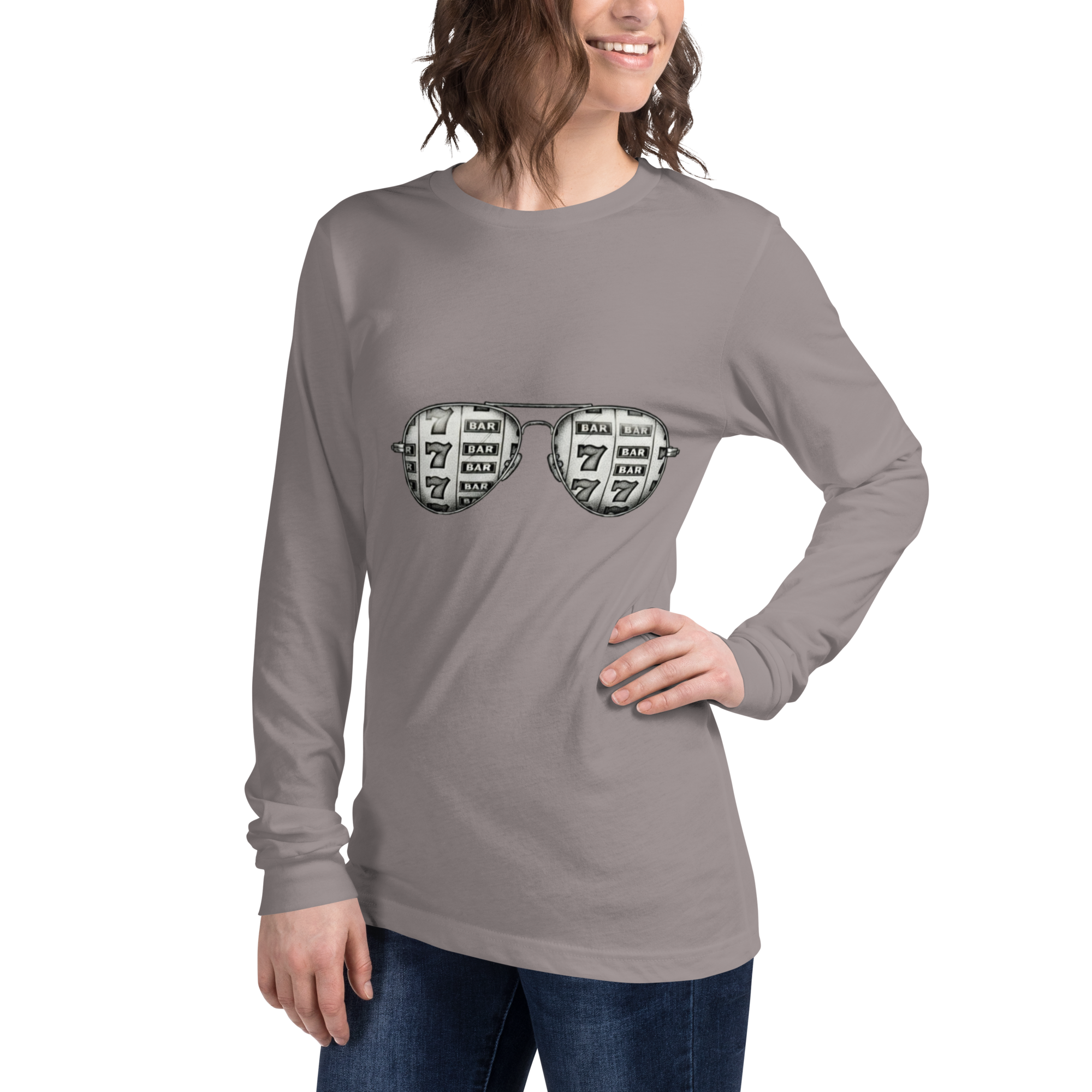Gray long-sleeve shirt with slot machine-themed sunglasses design, featuring 7s and BAR symbols.