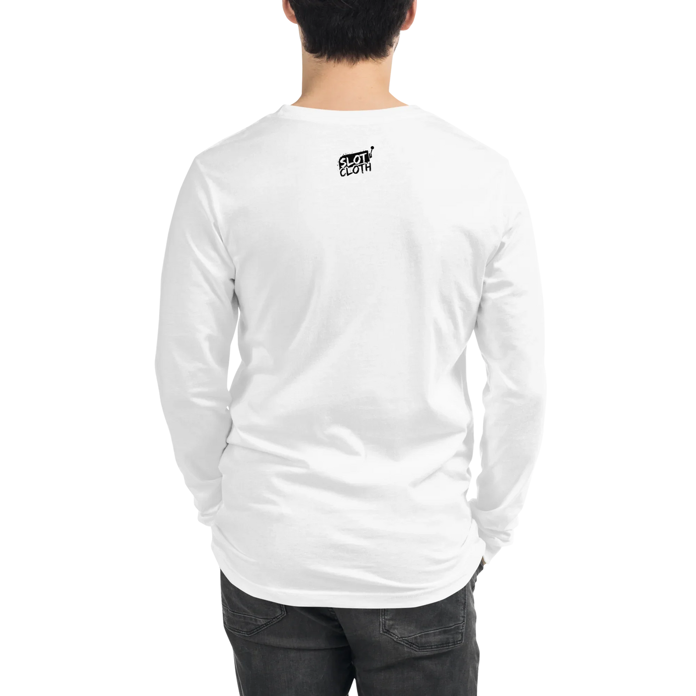 White long sleeve shirt with Slot Cloth logo on back, quirky slot-themed apparel for players